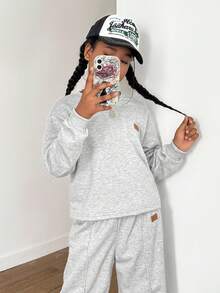 Ensemble t-shirt à manches longues col rond minimaliste de couleur unie et pantalon pour préadolescentes, vêtements d'hiver, vêtements d'automne, hauts à manches longues, chemises à manches longues - Gris - Voir 5