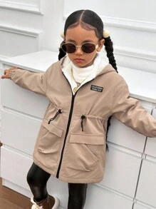 Chaqueta con capucha casual de color caqui para niña, con forro térmico, adecuada para otoño/invierno - Caqui - Ver 4