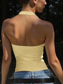 Zyxie 夏季纯色系带褶皱修身性感露背休闲黄色背心 - 黃色 - 查看 2