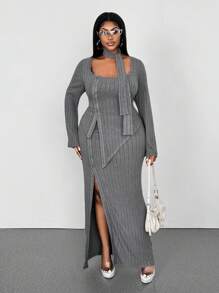 Maweii 2pcs Plus Size Women Set: Fitted Grey Ribbon Decor Asymmetric Hem Long Sleeve T-Shirt And Side Slit Midi Skirt Fall Cloth For Women - Grey - View 4