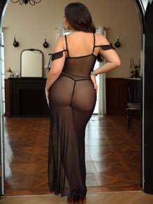 SHEIN 2 piezas Conjunto de lencería de encaje y parches para tallas grandes - Negro - Ver 2