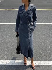 DAZY Đầm denim nữ cổ ve lật và có túi, đầm mùa thu. - Màu xanh lam - Xem 3