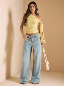 SHEIN BAE 女士秋季服装 黄色针织提花斜肩露脐上衣，短款上衣，黄色上衣，金盏花黄上衣，可爱上衣，秋季露肩上衣 - 黃色 - 查看 4