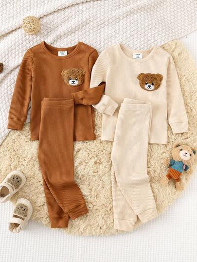 SHEIN 6pcs/Set Unisex Baby Thermal Underwear Set, Casual Solid Color & Cartoon Bear Print Long Sleeve Homewear Suit, Baby Boy & Baby Girl Winter Clothes Snug Fit Fall