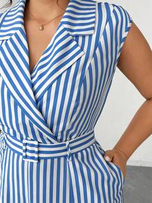 Elenzga 大码女式优雅条纹无袖连体裤 - 藍色 - 查看 6