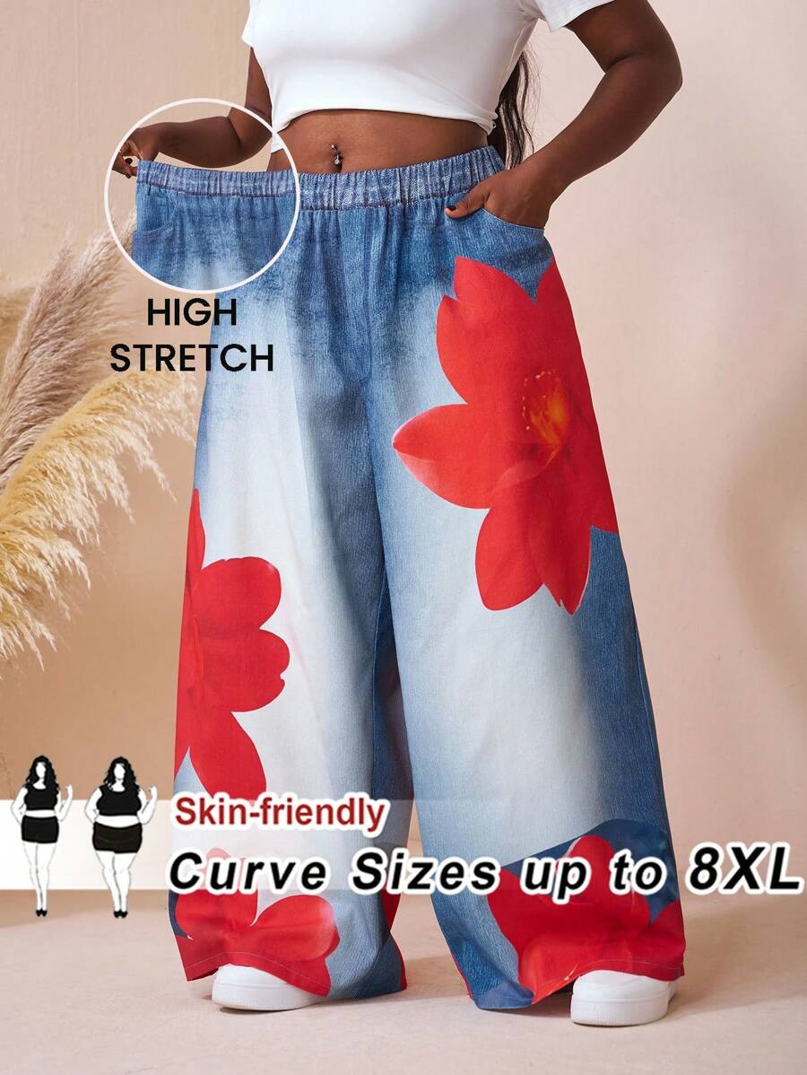 SHEIN CURVE+ Plus Size Floral Print Denim Effect Pants, Autumnfall Clothes For Women,Winter,CURVE PLUS/Autumn /Winter - Multicolor - View 1