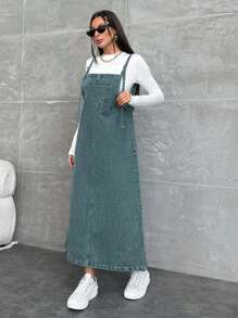 EURMUSE WOMEN LONG DENIM DRESS POCKET DETAILED - Teal Blue - View 4