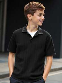 SHEIN 適合青少年男孩穿著的純色短袖polo衫 - 黑色 - 查看 7