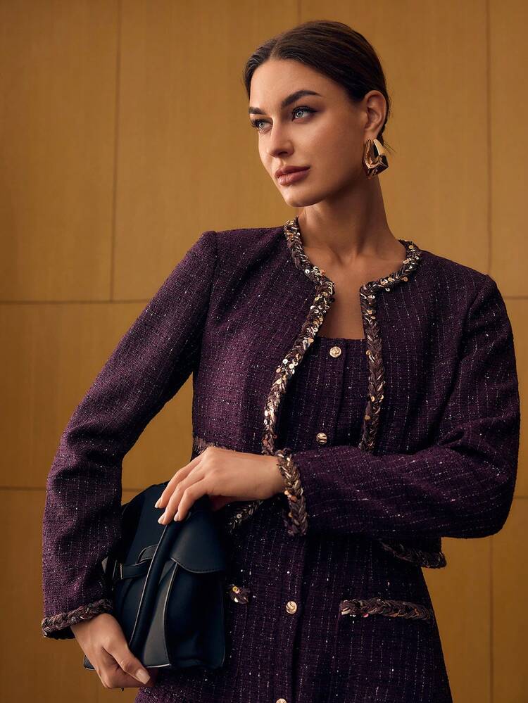 TWEED CONTRAST SEQUIN TRIM JACKET & BUTTON UP DRESS OUTFIT SET