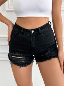 EURMUSE 98%Cotton Elastic, Hem Frayed Detailed Short - Black - View 6