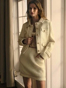 MOTF PREMIUM 斜口袋粗花呢半身裙 - 杏色 - 查看 2