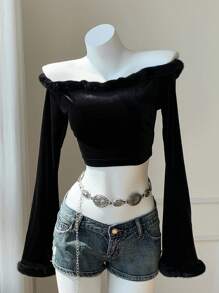 Comfortcana Women's Solid Color Fuzzy Trim Off Shoulder Long Sleeve Cropped Fashionable T-Shirt - Black - View 6