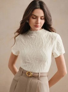 Anewsta 女士优雅度假沙滩休闲针织纹理褶皱杏色短袖T恤