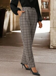 SHEIN Clasi 女士高腰格子复古英伦风格西装裤，带口袋，适合日常通勤和多种场合，秋季 - 彩色 - 查看 1