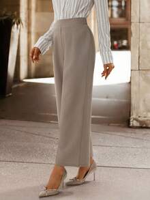 SHEIN Clasi Women's Lace Textured Straight Leg Pants, Faux Linen Deep Khaki Color, Elegant For Daily Wear And Commuting, Autumn/Winter - Khaki - View 5