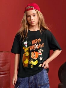 Paul Frank X SHEIN Tween Girl Halloween Cartoon Pumpkin & Bat Graphic Round Neck Loose Fit Short Sleeve Black T-Shirt - Black - View 6
