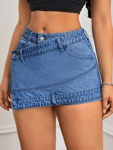 SHEIN ICON 女士时尚不对称设计牛仔短裙 - 中等水洗藍 - 查看 5