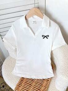 SHEIN Leap Crew Tricou polo cu mânecă scurtă, croit, culoare solidă, casual, cu fluture, pentru fete preadolescente - alb - Vizualizare 8