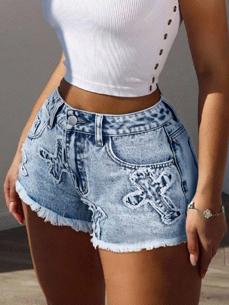 SHEIN ICON Quần short denim sáng màu thường ngày có viền tua rua dành cho nữ - Rửa nhẹ - Xem 1