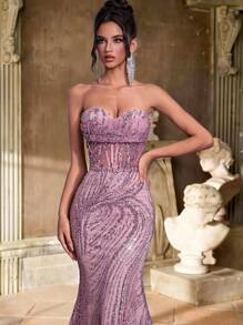 Glamrae 优雅的紫灰色露肩串珠网眼刺绣低胸领口腰部透明镂空美人鱼尾舞会礼服，适合约会、生日、单身派对、毕业典礼、成人仪式、婚礼、正式晚会 - 淺灰紫 - 查看 3