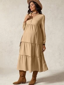 Boho Mama Maternity Solid Color Long Sleeve Button Design Frill Trim Casual Dress - Khaki - View 5