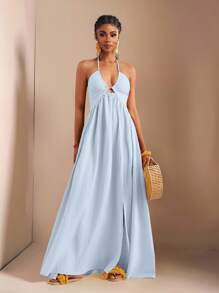 Zivah New Spring And Summer Casual Holiday Halter Neck Strapless Bust, Waist And Back A Swing Skirt With High Slit On The Front To The Thigh, Yellow Sea Stripe Women's Extra Long Dress-B Baby Blue Dress,Sun Dresses For Women - Blue - View 7