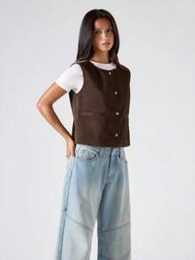 LYSMO 秋冬女士纯色圆领单排扣休闲轻便背心夹克 - 棕色 - 查看 5
