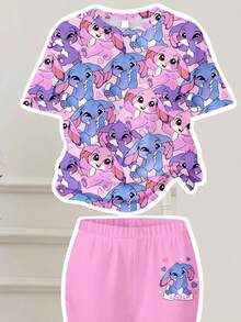 SHEIN Leap Crew 2件套可爱卡通蓝色兔子露露，缝线图案少女休闲简约短袖圆领T恤和喇叭裤套装，夏季 - 彩色 - 查看 3