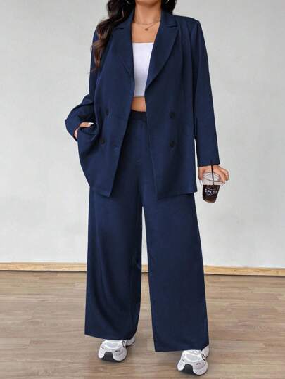 Vionelle Conjunto de terno plus size casual para deslocamento, cor sólida, jaqueta e calça trespassadas