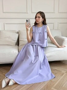 SHEIN Teen Girl Bow Decor Camisole & Mini Skirt Set - Violet Purple - View 9