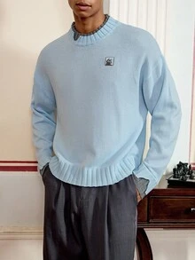 SWAVVY 男士时尚休闲针织圆领长袖毛衣，秋冬 - 淺藍色 - 查看 1