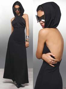 LYSMO 女式纯色连帽露背时尚连衣裙 - 黑色 - 查看 10