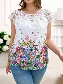 Reflora Áo sơ mi thời trang nữ cỡ lớn in hoa ren chắp vá, trang phục thường ngày, áo mùa hè thanh lịch, trang phục nghỉ dưỡng cho nữ, áo hoa mùa hè, trang phục đi biển cho nữ, trang phục nghỉ dưỡng, áo thường ngày cho nữ, áo trắng - Nhiều màu - Xem 4