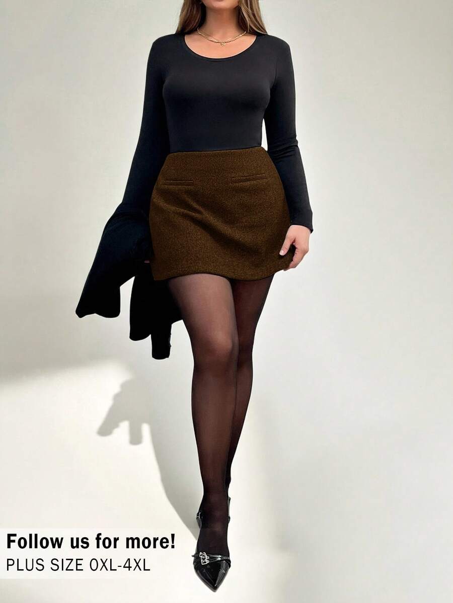 Auralis Plus Size Ladies Autumn And Winter Fashion Elegant And Comfortable Daily Basic Versatile Slim Brown Skirt With Lining Shorts,Fall,Winter Skirt - Coffee Brown - View 1