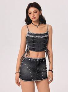 SHEIN ICON 美式性感抹胸上衣搭配牛仔裙套装，狂野装扮 - 黑色 - 查看 5