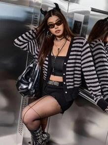 SHEIN EZwear Plus Size Coats Halloween Gothic Black And Gray Striped Knitted Cardigan Striped Cardigan Winter Fall Autumn - Multicolor - View 9