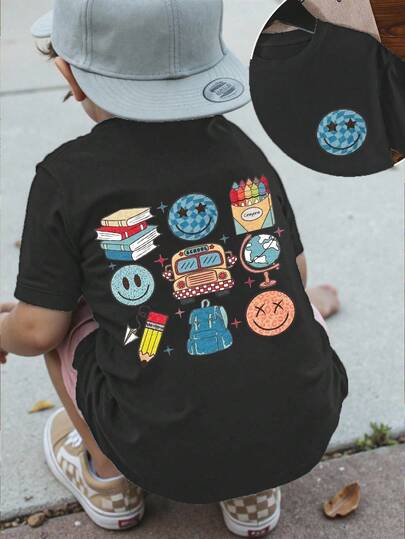Young Boys' Casual Fashionable Comfortable Simple Versatile Cute Face, Pencil, Book Pattern Back To School Short Sleeve Round Neck T-Shirt, Summer