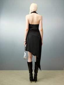 Airlisse 女士时尚露背花卉装饰上衣 + 不对称下摆半身裙 2 件套 - 黑色 - 查看 2