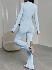 SHEIN EZwear Plus Size Casual Lightweight Yoga Jacket & Flared Pants 2 Pieces Set