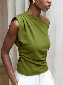 Aveloria Modichic Classy Commuting Well-Cut Old Money Style Asymmetric Shoulder Design Ruched Small Cap Sleeve Gathered Waist Women's Blouse