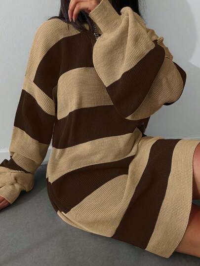 EURMUSE Women's Drop Shoulder Striped Sweater Dress