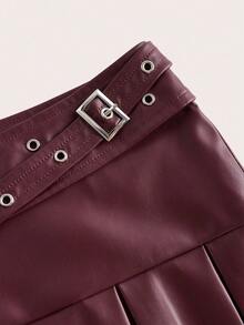 SHEIN ICON 腰带配孔眼金属装饰扣，PU 皮革褶皱中裙 - 紅色 - 查看 4
