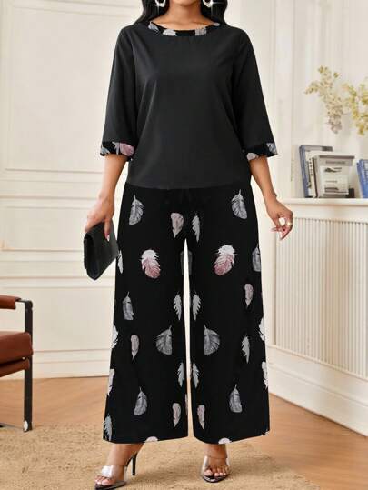 SHEIN Lady Plus Size Elegant Office Wear Feather Print Shirt & Pants 2 Pieces Set Fall Women Clothes Teacher Outfits For Women Halloween Costumes Women Church Outfits Women Fall Clothes Plus Size