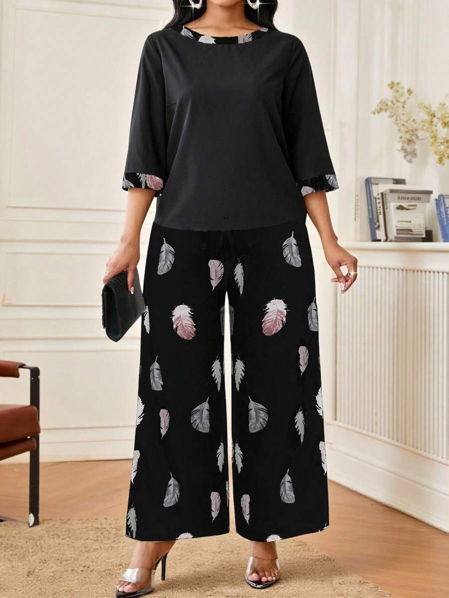 SHEIN Lady 大码优雅办公室装羽毛印花衬衫和裤子两件套秋季女装女士教师服装万圣节服装女士教堂服装女士秋季服装大码 - 黑色 - 查看 1