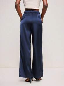 BizChic 2025 秋冬海军蓝色女式松紧腰可调节抽绳裤，缎面纹理，百搭，适合商务、休闲、办公室、约会、派对、机场、浪漫、乡村音乐节、复古、韩国、机场、婚礼嘉宾、生日、万圣节、圣诞节 - 藍色 - 查看 4