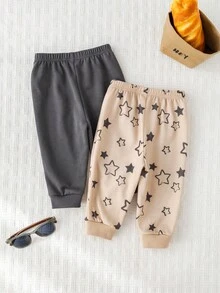Cozy Pixies Set de 2 pantalones elásticos de cintura suave con estampado de estrellas y osos para bebé niño - Caqui - Ver 2