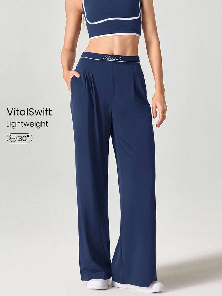 Quick-Dry Jacquard Elastic Waist Wide Leg Pants With Side Pockets Daily Casual Wear  Spring Summer