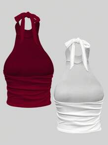 Chiquease Bộ 2 áo croptop không tay hở lưng màu trắng và đỏ rượu vang, thích hợp làm áo sinh nhật, áo gợi cảm cho buổi hẹn hò, áo dự tiệc, áo đi chơi, áo dự tiệc cocktail, áo cổ yếm không thể thiếu cho các bữa tiệc. - Nhiều màu - Xem 2