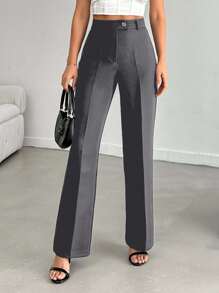 SHEIN Cottnline Straight Pants For Women With High Waist And Elegant Solid Color With Button And Zipper Detail - Dark Grey - View 6