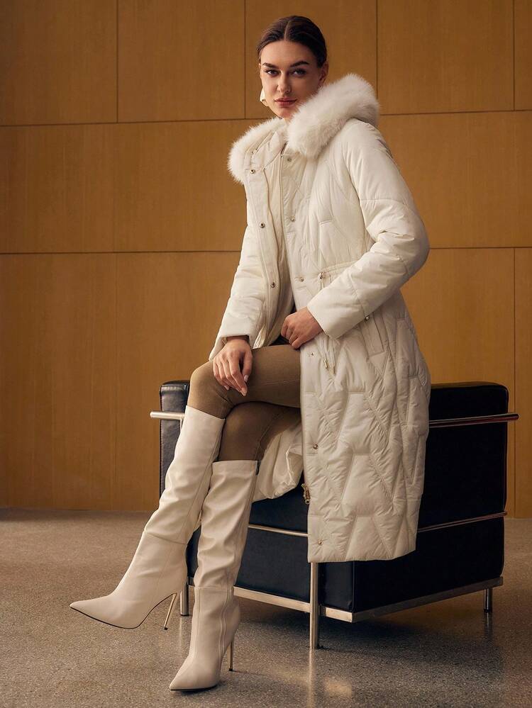 HOODED CONTRAST FAUX FUR WINTER COAT